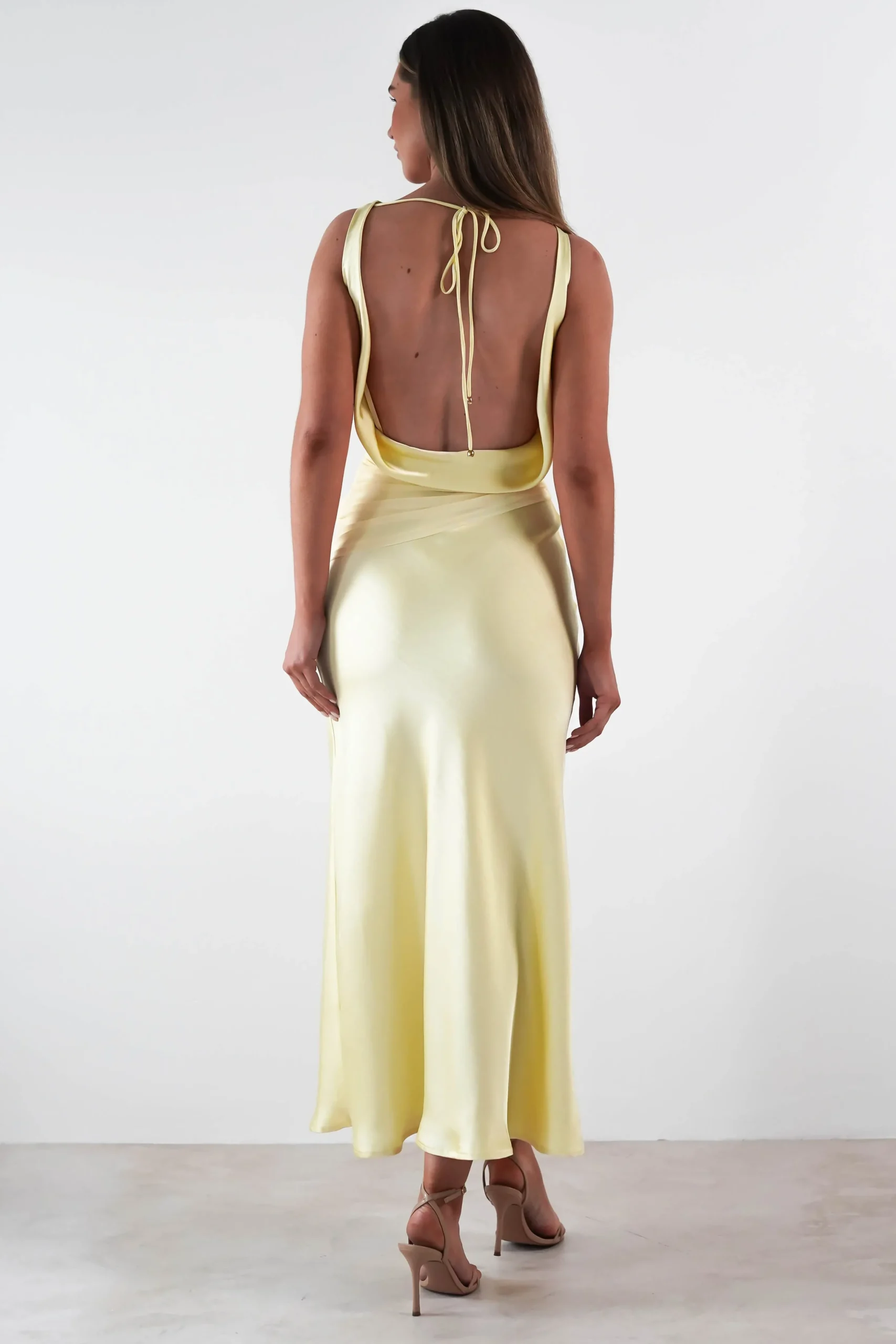 Hot Thea Mesh Midriff Soft Satin Maxi Dress | Yellow Lange Kleider|Maxikleider