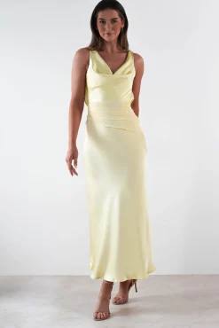 Hot Thea Mesh Midriff Soft Satin Maxi Dress | Yellow Lange Kleider|Maxikleider