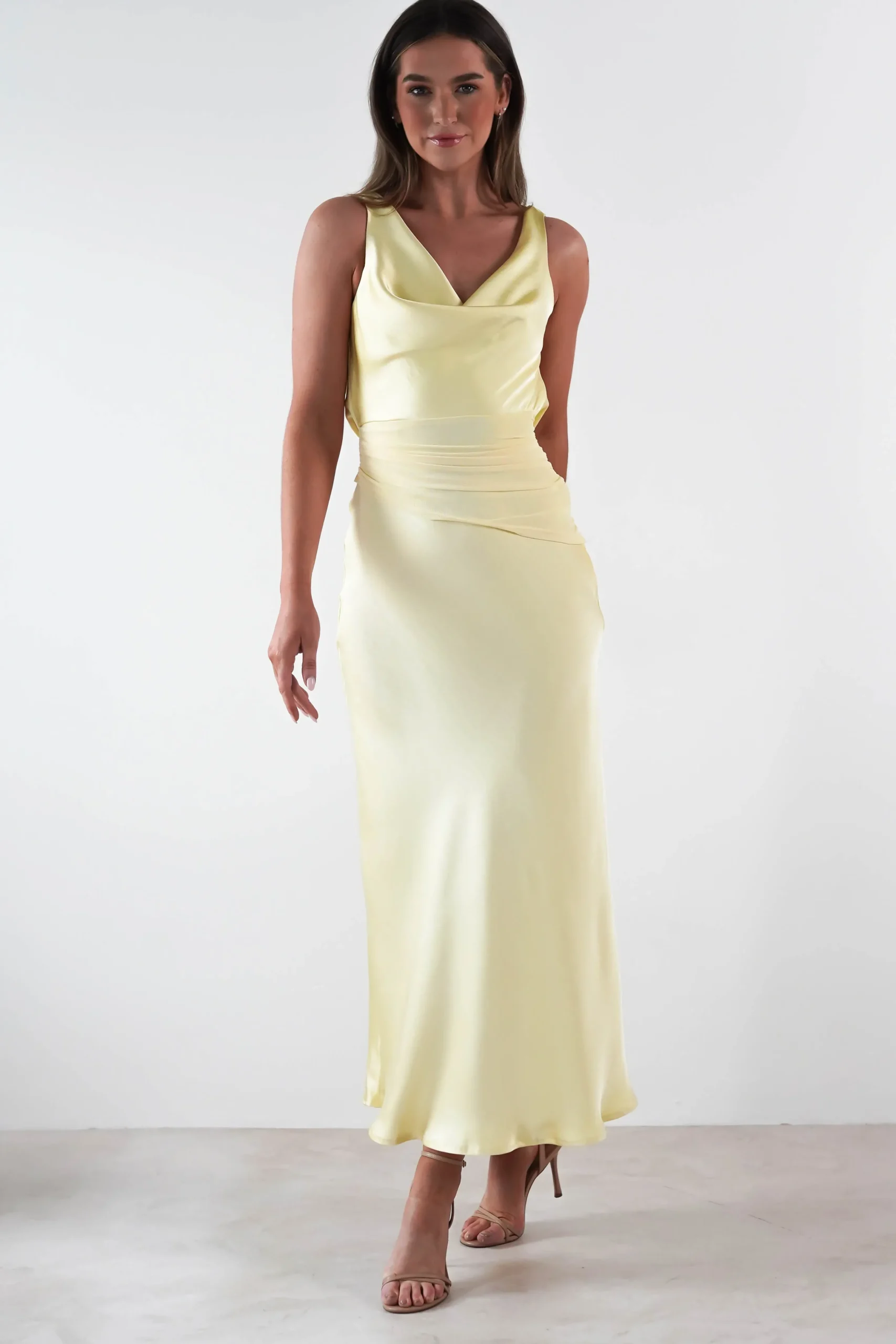 Hot Thea Mesh Midriff Soft Satin Maxi Dress | Yellow Lange Kleider|Maxikleider