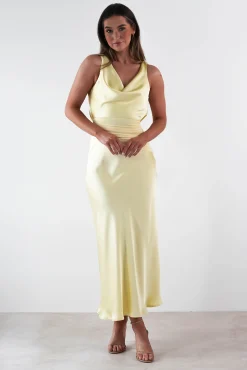 Hot Thea Mesh Midriff Soft Satin Maxi Dress | Yellow Lange Kleider|Maxikleider