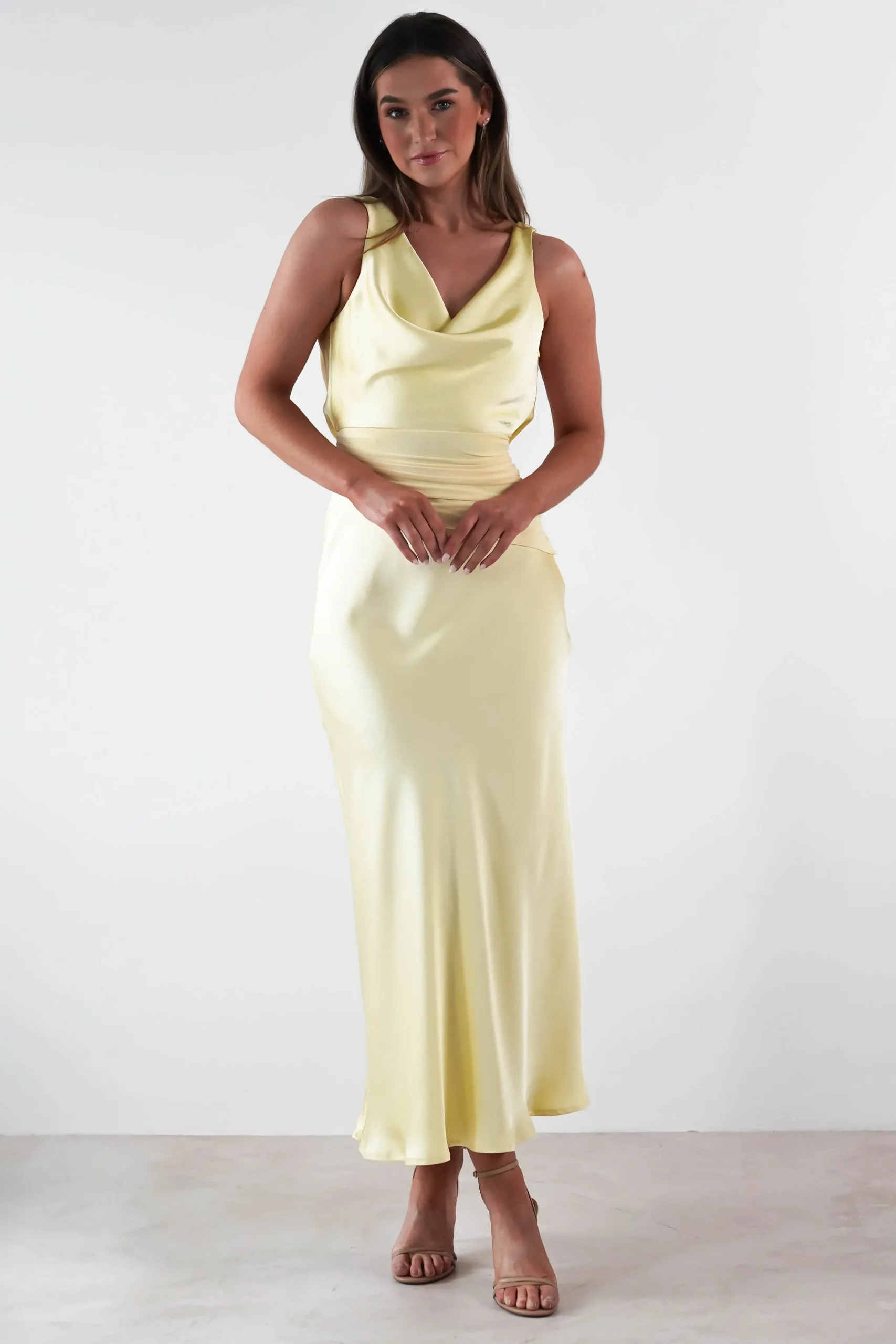Hot Thea Mesh Midriff Soft Satin Maxi Dress | Yellow Lange Kleider|Maxikleider
