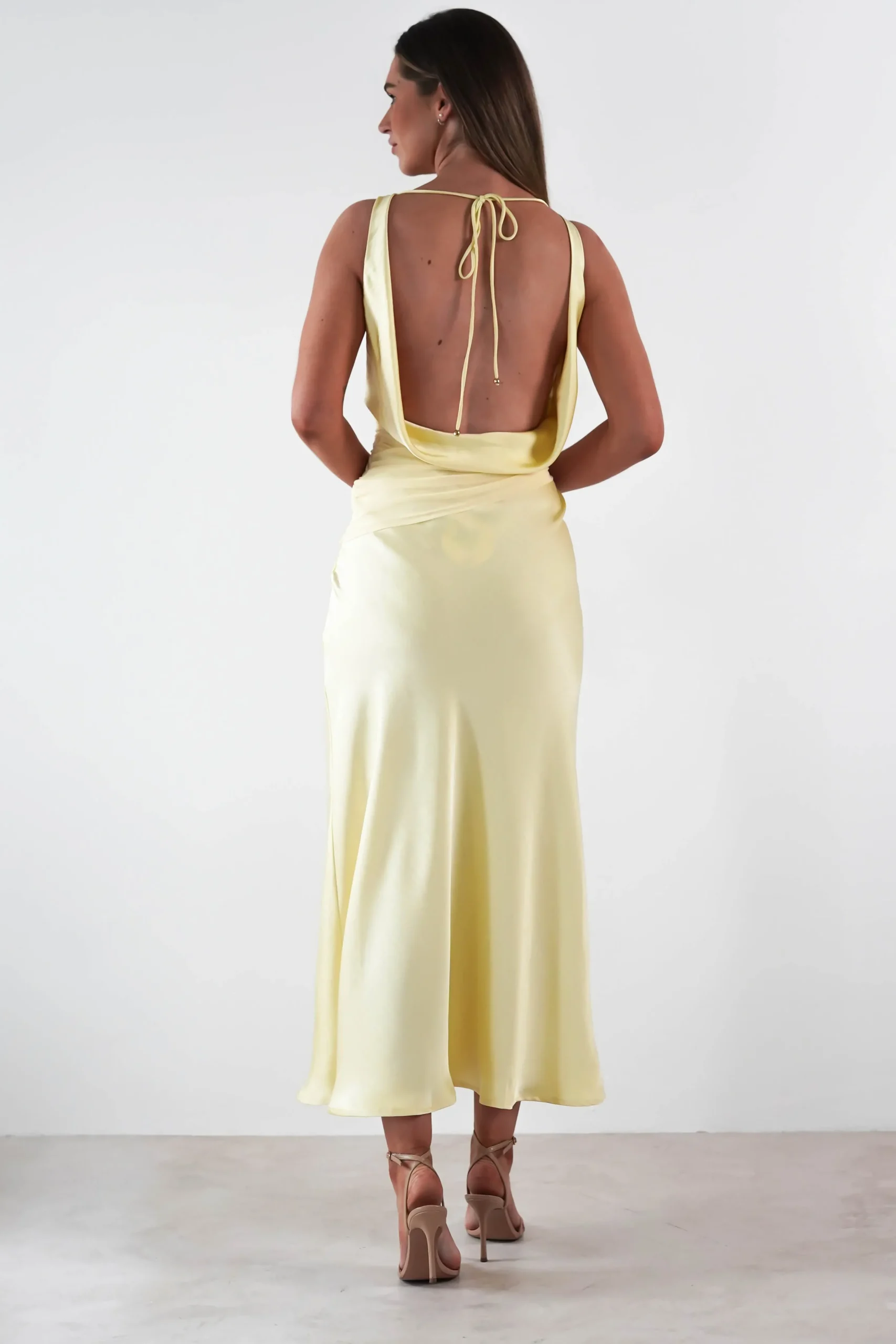 Hot Thea Mesh Midriff Soft Satin Maxi Dress | Yellow Lange Kleider|Maxikleider
