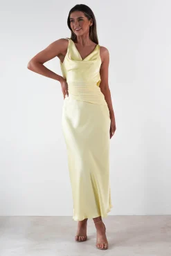 Hot Thea Mesh Midriff Soft Satin Maxi Dress | Yellow Lange Kleider|Maxikleider