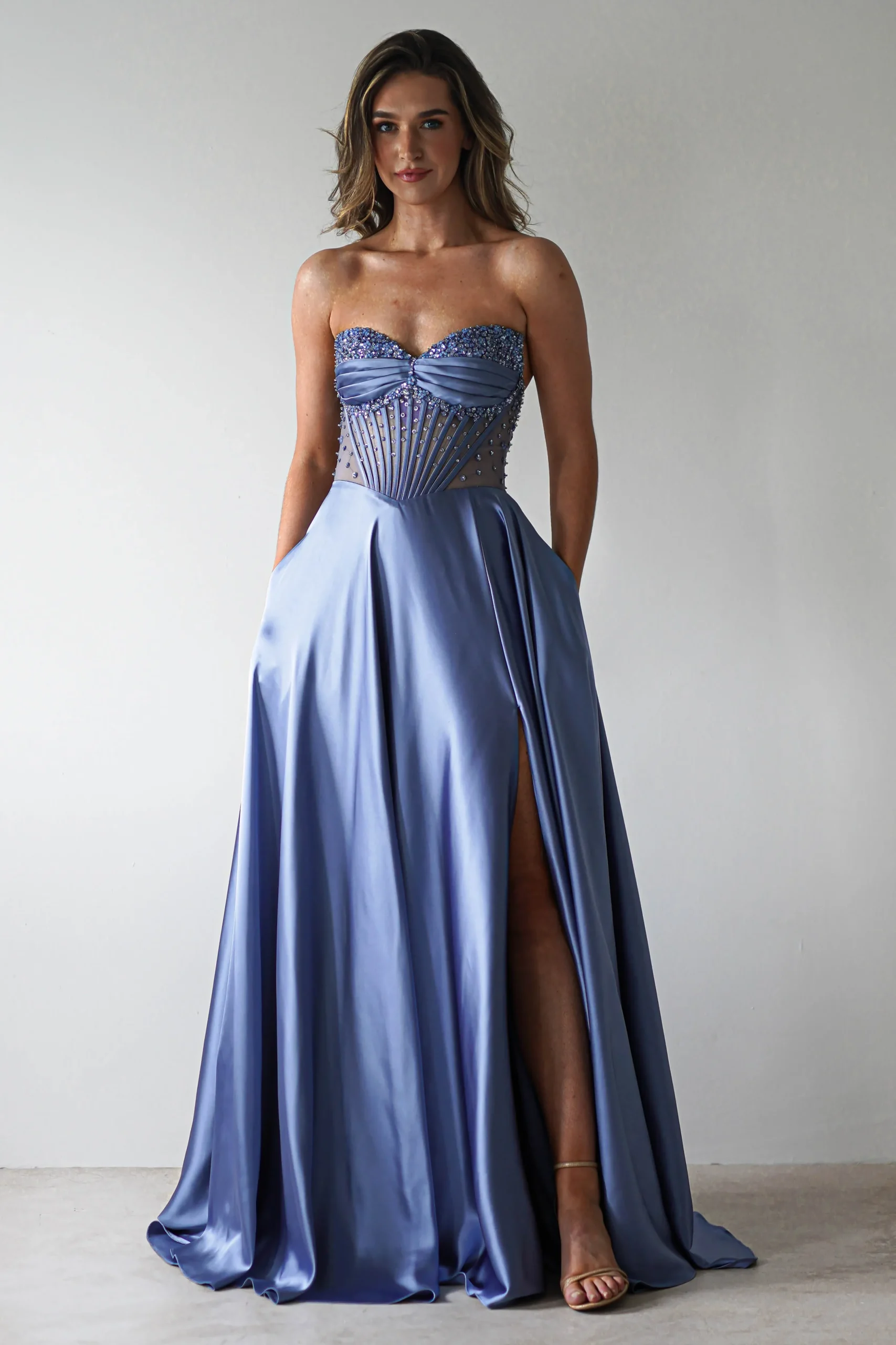 Discount Tullie Satin A-Line Maxi Dress | Smokey Blue Lange Kleider|Maxikleider
