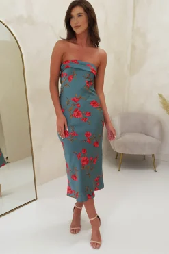Clearance Valencia Floral Print Strapless Midi Dress | Teal Print Mittellange Kleider|Midi-kleider