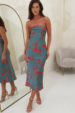Clearance Valencia Floral Print Strapless Midi Dress | Teal Print Mittellange Kleider|Midi-kleider