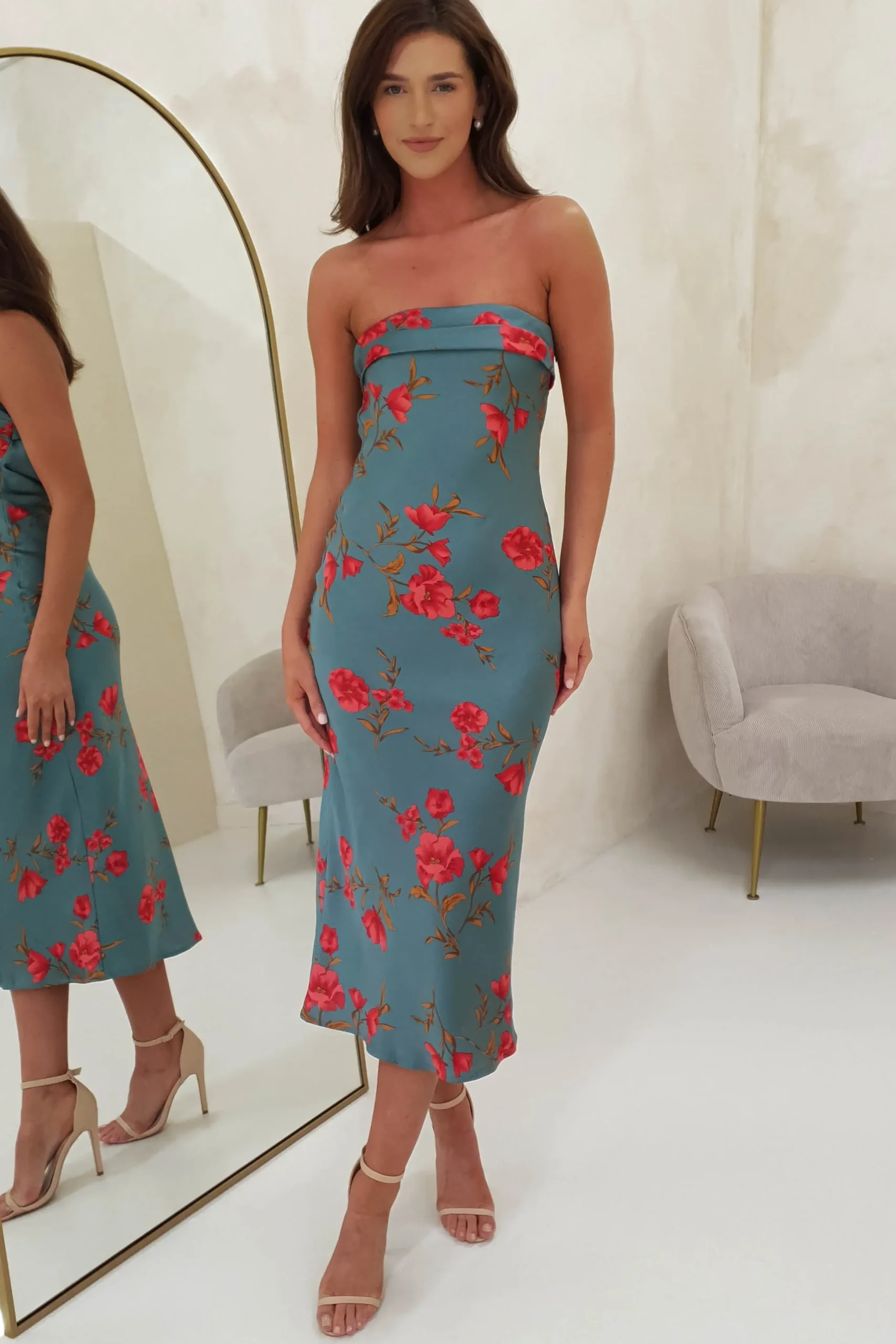 Clearance Valencia Floral Print Strapless Midi Dress | Teal Print Mittellange Kleider|Midi-kleider