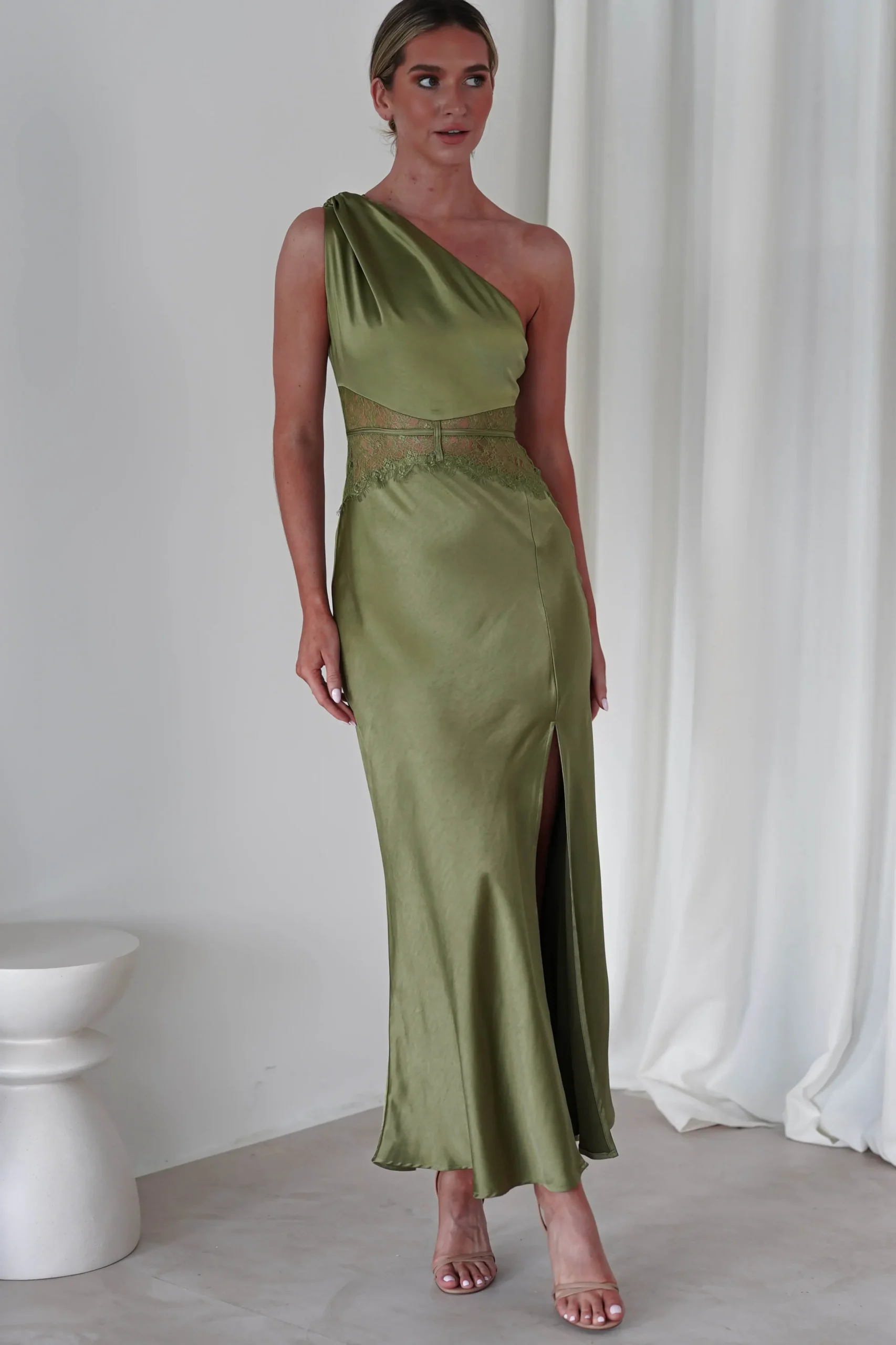 Hot Valentina Soft Satin Maxi Dress | Olive Lange Kleider|Maxikleider