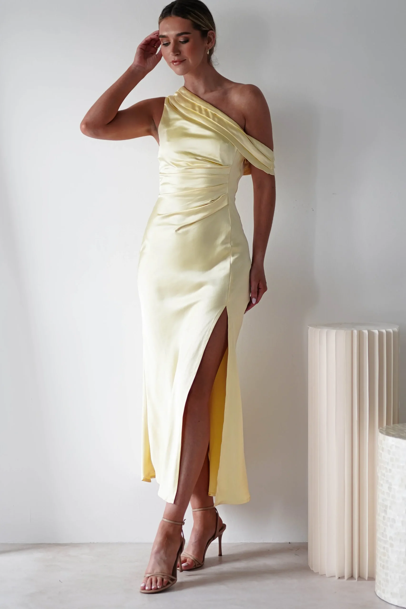 New Zeila Soft Satin Maxi Dress | Yellow Lange Kleider|Maxikleider
